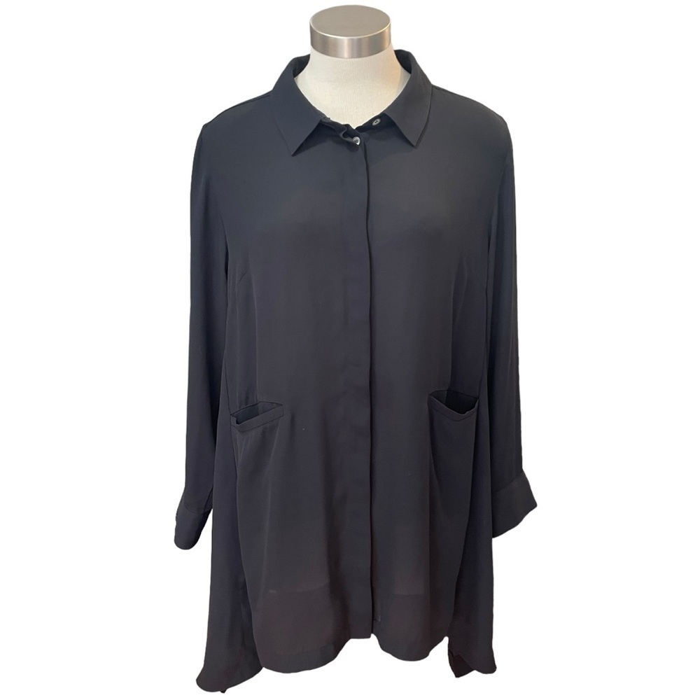 Soft Surroundings Top Tunic Black Chiffon Button Up Sheer Sz. PXL